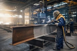 Worker abrasive blasting rust off a structural steel I-beam in an industrial facility